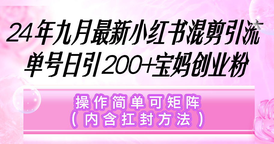 小红书混剪引流，单号日引200+宝妈创业粉，操作简单可矩阵（内含扛封…-九源吧