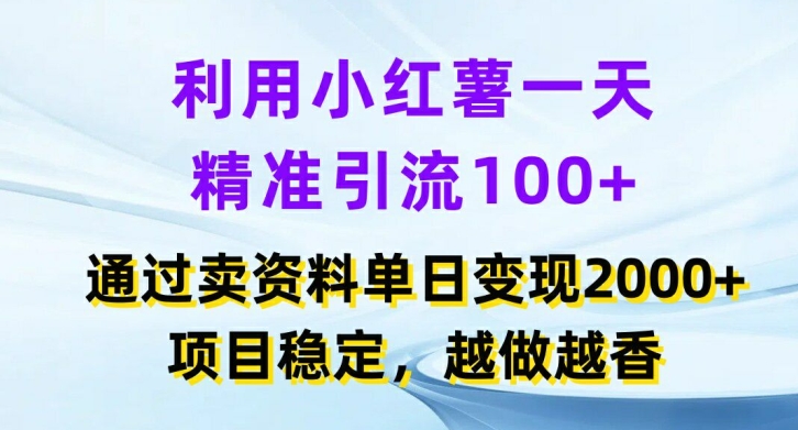 利用小红书一天精准引流100+，通过卖项目单日变现2K+，项目稳定，越做越香【揭秘】-九源吧