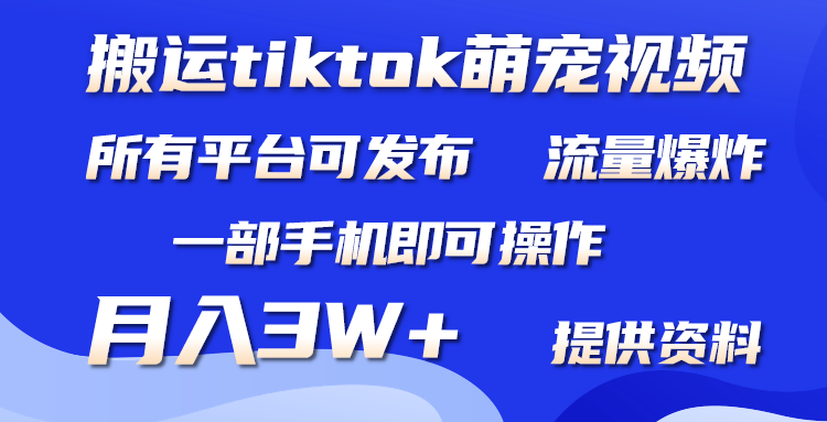 只搬运Tiktok萌宠类视频，1部手机即可。适合所有短视频平台均，月入3W+-九源吧