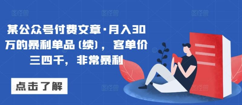 某公众号付费文章·月入30万的暴利单品(续)，客单价三四千，非常暴利-九源吧