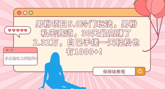 男粉项目5.0冷门玩法，男粉私密赛道，30天最高赚了2.32万，自己手搓一天轻松也有1000+【揭秘】-九源吧