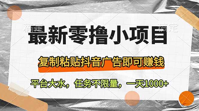 最新零撸小项目，复制粘贴抖音广告即可赚钱，平台大水，任务不限量，一…-九源吧
