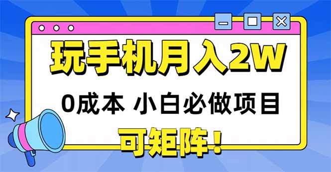 玩玩手机月入20000+，0成本小白必做项目，可矩阵-九源吧网赚