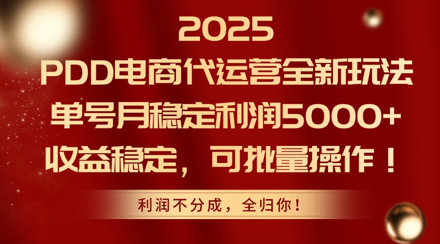 2025PDD电商代运营全新玩法，单号月稳定利润5000+，收益稳定，可批量操作-九源吧网赚