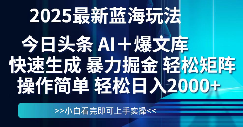 今日头条2025最新蓝海玩法，思路简单，复制粘贴，轻松实现矩阵日入2000+-九源吧网赚