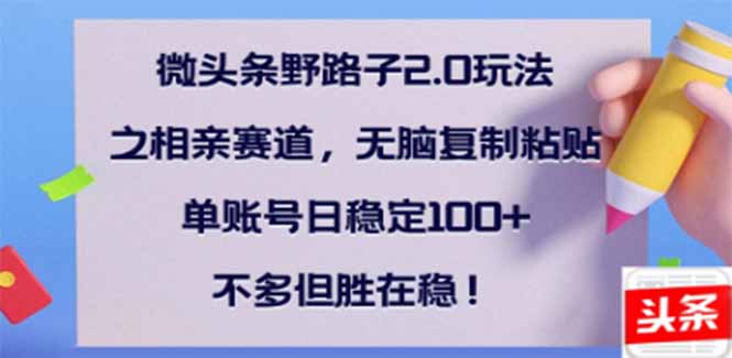 微头条野路子2.0玩法之相亲赛道，无脑搬砖复制粘贴，单账号日稳定300+…-九源吧网赚