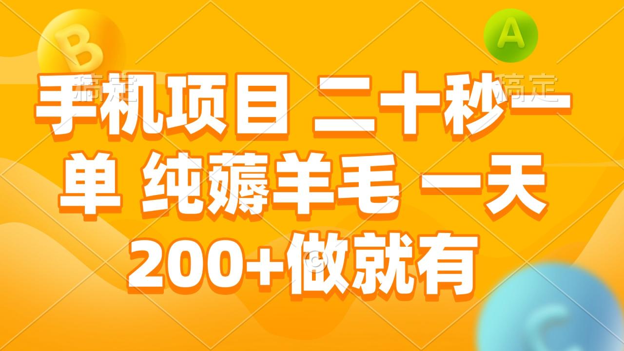 手机项目 二十秒一单 纯薅羊毛 一天200+做就有-九源吧网赚学院