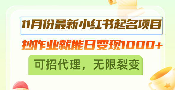 1月份最新小红书起名项目，抄作业就能日变现1000+，可招代理，无限裂变-九源吧网赚