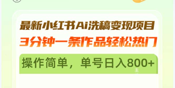 最新小红书Ai洗稿变现项目 3分钟一条作品轻松热门 操作简单，单号日入800+-九源吧网赚