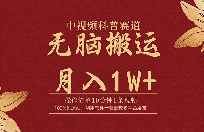 无脑搬运中视频科普赛道，10分钟1条视频，条条爆款，100%过原创，月入1W+-九源吧资源站