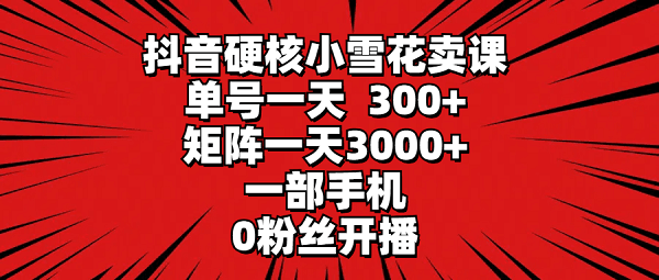 抖音硬核小雪花卖课，单号一天300+，一部手机0粉丝开播 矩阵一天3000+-九源吧网赚学院