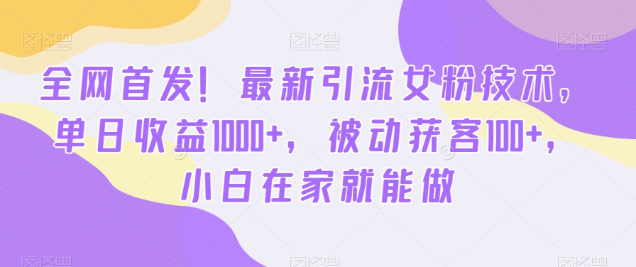 首发哦！新版引流女粉技术，单日收益破1000+，被动获客100+，新三年在家就能做-九源吧网赚