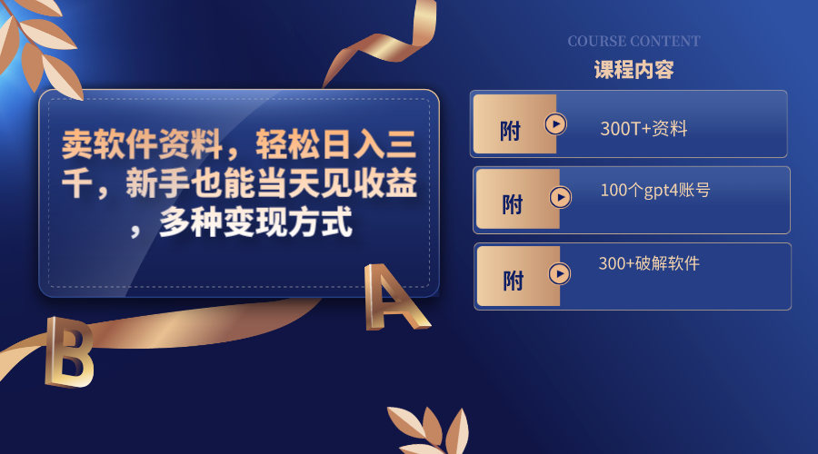 卖软件资料，轻松日入三千，新手也能当天见收益，多种变现方式，（附300T+资料，100个gpt4账号，300+破解软件）-九源吧资源站
