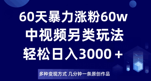 60天暴力涨粉60W，中视频另类玩法，几分钟一条原创作品多种变现方式，日入3000＋-九源吧网赚