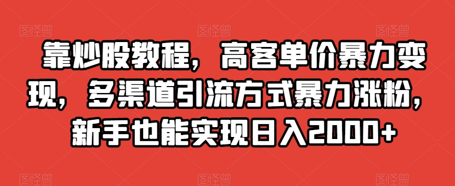 高客单价暴力变现，新手也能实现日入2000+，多渠道引流方式助你涨粉！-九源吧网赚学院