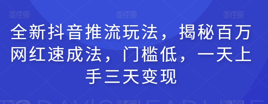 全新抖音推流玩法，揭秘百万网红速成法，门槛低，一天上手三天变现-九源吧网赚