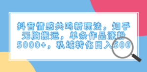 抖音情感共鸣新玩法，知乎无脑搬运，单条作品涨粉5000+，私域转化日入500-九源吧网赚学院