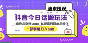 抖音今日话题玩法，1条作品涨粉5000，私域高利润单品转化 一部手机日入500-九源吧网赚