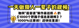 一天做完别一辈子的视频 制作最近很火的《1000个野路子信息差》100%过原创-九源吧网赚学院