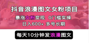 抖音浪漫图文暴力涨女粉项目 简单0门槛 每天10分钟发图文 日入600+长期多号-九源吧网赚学院