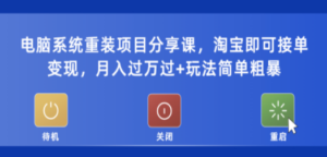 电脑系统重装项目分享课，淘宝即可接单变现，月入过万过+玩法简单粗暴-九源吧网赚