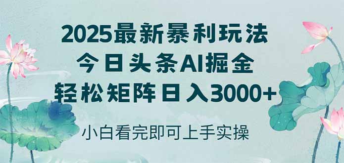 今日头条2025年最新暴利玩法，思路简单，复制粘贴，轻松实现矩阵日入3000+-九源吧网赚