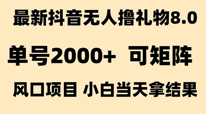 抖音无人撸礼物8.0玩法 全新风口 见效果快 全无人 单号当天产出2000+-九源吧资源站