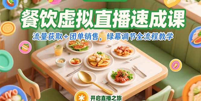 餐饮虚拟直播速成课，流量获取+团单销售，绿幕调节全流程教学-九源吧资源站