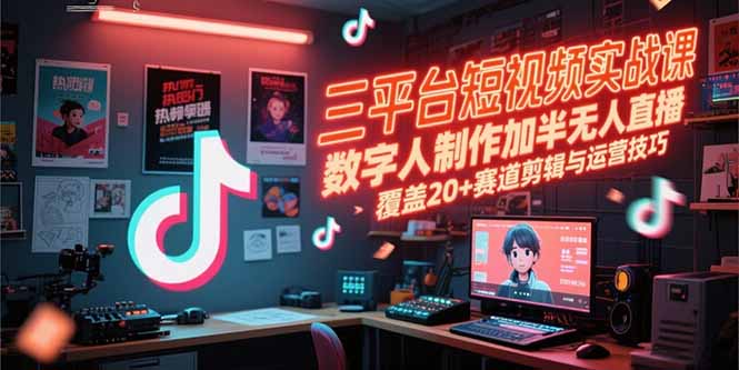 三平台短视频实战课，数字人制作加半无人直播，覆盖20+赛道剪辑与运营技巧-九源吧资源站