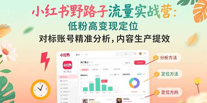 小红书野路子流量实战营：低粉高变现定位 对标账号精准分析 内容生产提效-九源吧网赚学院