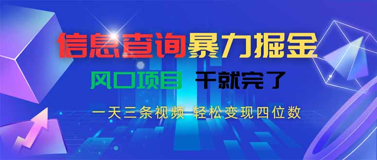 信息查询暴力掘金，一天三条视频 轻松变现四位数，风口项目干就完了-九源吧网赚学院