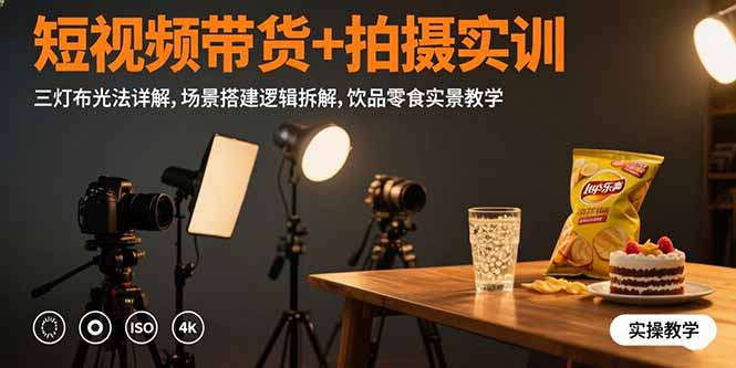 短视频带货+拍摄实训：三灯布光法详解,场景搭建逻辑拆解,饮品零食实景教学-九源吧网赚学院