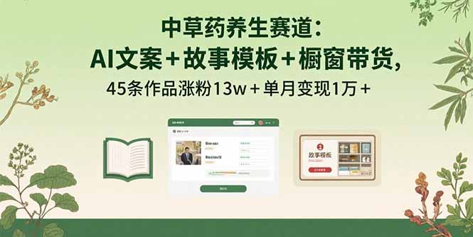 中草药养生赛道：AI文案+故事模板+橱带货，45条作品涨粉13w+单月变现1万+-九源吧