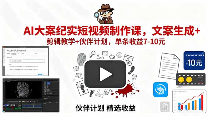 AI大案纪实短视频制作课，文案生成+剪辑教学+伙伴计划，单条收益7-10元-九源吧
