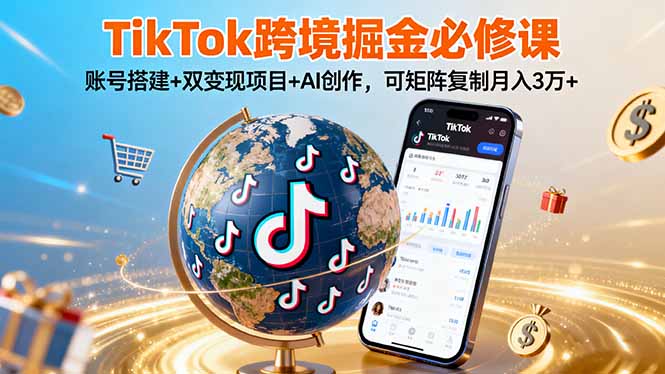 TikTo跨境掘金必修课，账号搭建+双变现项目+AI创作，可矩阵复制月入3万+-九源吧