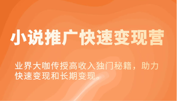 小说推广快速变现营-业界大咖传授高收入独门秘籍，助力快速变现和长期变现。-九源吧网赚学院